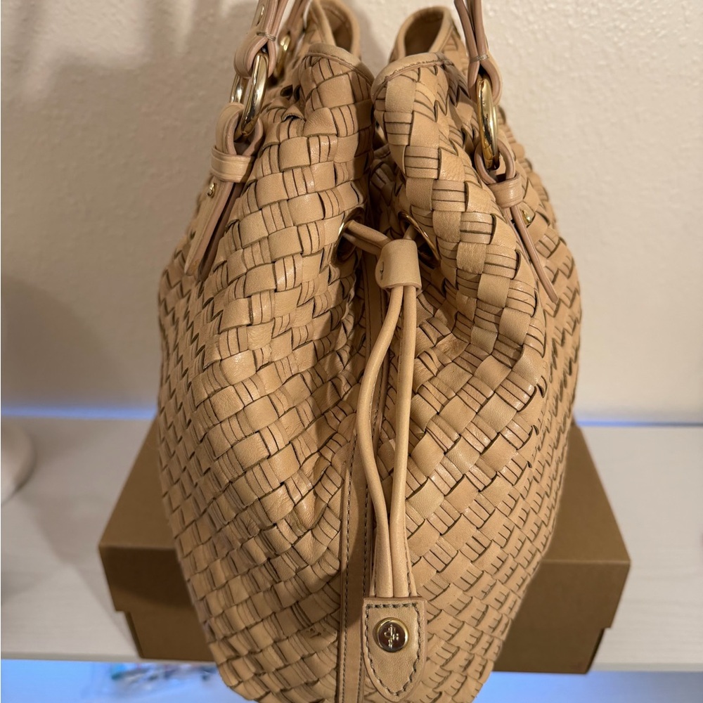 Cole Haan Tan Leather Shoulder Bag -Taylor Drawstring Woodbury Heritage Weave - Picture 6 of 16